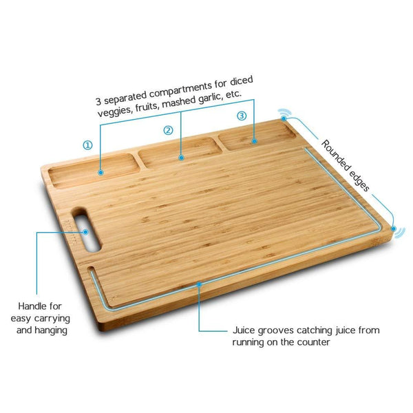 HHXRISE Large Organic Bamboo Cutting Board For Kitchen, With 3 Built-In Compartments And Juice Grooves, Heavy Duty Chopping Board For Meats Bread Fruits, Butcher Block, Carving Board, BPA Free