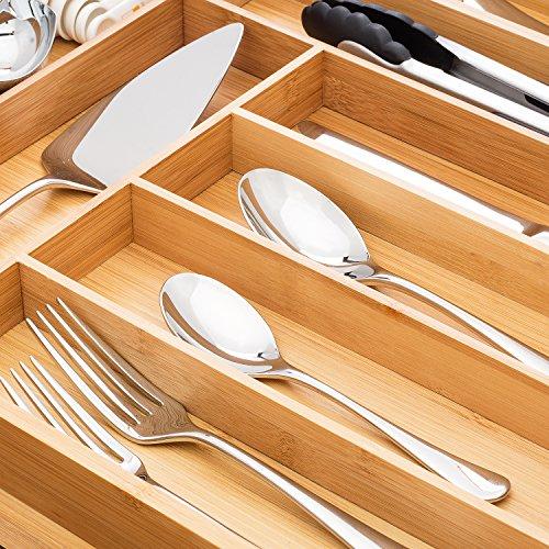 Bamboo Expandable Drawer Organizer, Premium Cutlery and Utensil Tray, 100% Pure Bamboo, Adjustable Kitchen Drawer Divider ... (7 Compartments Expandable)