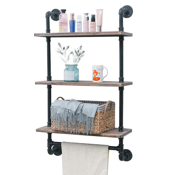 Bathroom Shelves Wall Mounted 3 Tiered,24in Industrial Pipe Shelving,Rustic Wood Shelf With Towel Bar,Black Farmhouse Towel Rack,Metal Floating Shelves Towel Holder,Iron Distressed Shelf Over Toilet