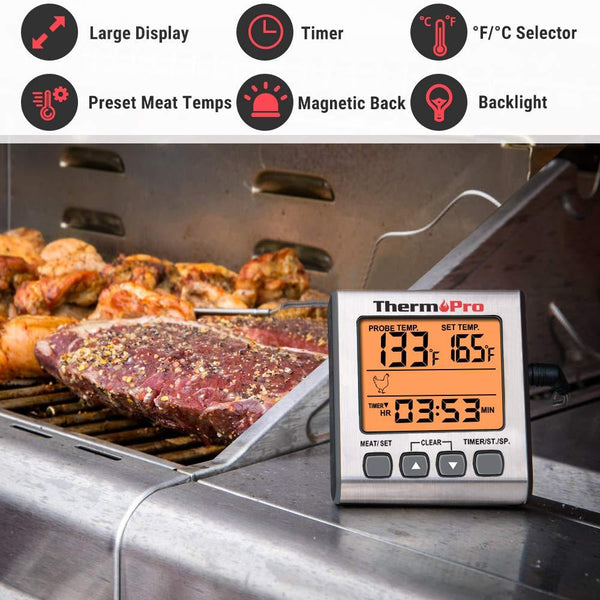 ThermoPro TP-16S Digital Meat Thermometer Accurate Candy Thermometer Smoker Cooking Food BBQ Thermometer for Grilling with Smart Cooking Timer Mode and Backlight