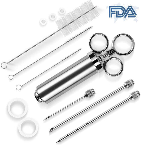 Meat Injector Kit, Professional Stainless Steel 2-oz BBQ GRILL BEAST Injector Syringe with 3 Marinade Flavor Needle.