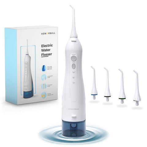 HoneyBull Water Flosser with 3 Modes, 4 Tips & Travel Bag (300mL) Rechargeable