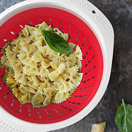 Vremi 5 Quart Collapsible Colander - BPA Free Silicone Food Strainer with Plastic Handles - Heavy Duty Foldable Heat Resistant Pasta and Veggies Kitchen Drainer Steam Basket - Dishwasher Safe - Red