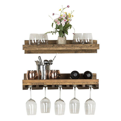 Del Hutson Designs Floating Wine Shelf and Glass Rack Set (Wall Mounted), Rustic Pine Wood Handmade (Walnut)