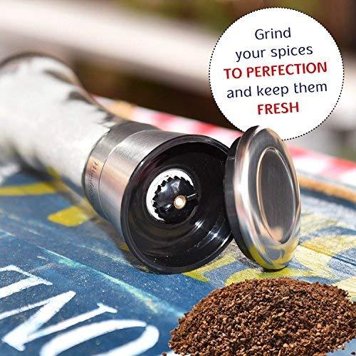 HOME EC Salt and Pepper Grinder Set of 3 - Tall Salt and Pepper Shakers with Adjustable Coarseness - Stainless Steel Pepper Mill Shaker and Salt Grinders Mills Set with FREE Cleaning Brush