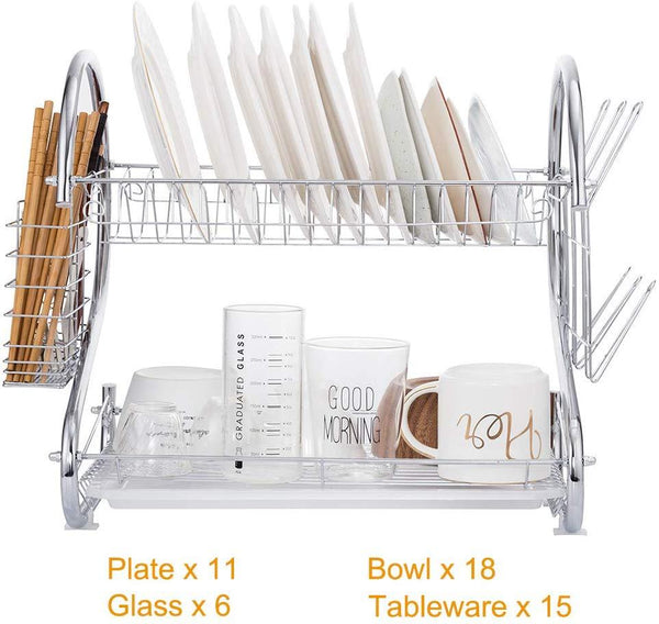 Dish Drying Rack, FIRECOW 2 Tier Dish Rack with Utensil Holder, Cutting Board Holder and Dish Drainer for Kitchen Counter Top, Plated Chrome Dish Dryer Silver 17.0 X 9.7 X 14.6 inch