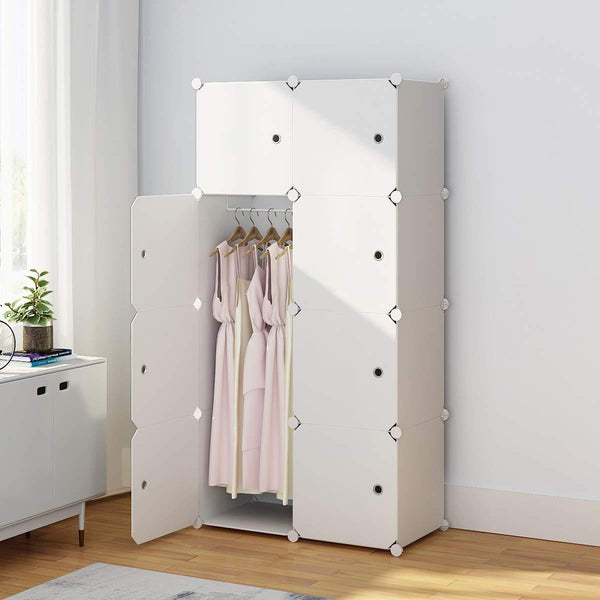 KOUSI Portable Wardrobe Closet for Bedroom Clothes Armoire Dresser Multi-Use Cube Storage Organizer, White, 8 Cubes & 4 Hanging Sections