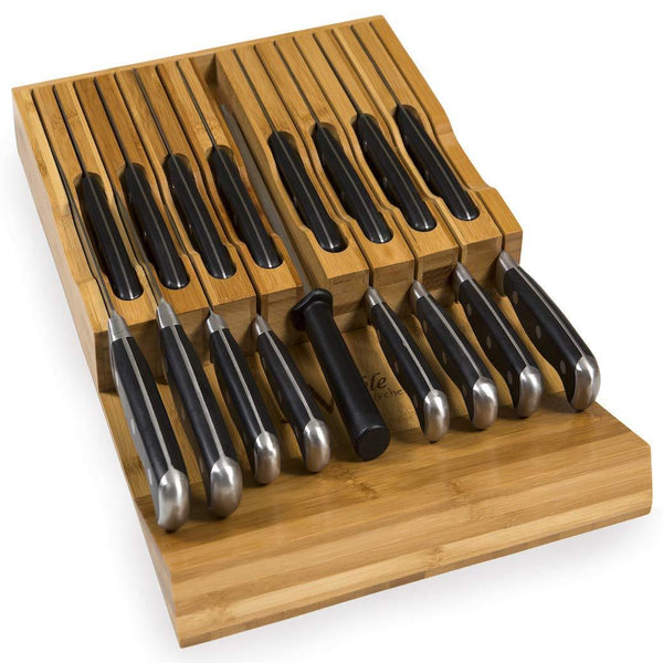 In-Drawer Bamboo Knife Block Holds 16 Knives (Not Included) Without Pointing Up PLUS a Slot for your Knife Sharpener! Noble Home & Chef Knife Organizer Made from Quality Moso Bamboo