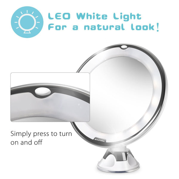 BEAUTURAL 10X Magnifying Lighted Vanity Makeup Mirror with Natural White LED, 360 Degree Swivel Rotation and Locking Suction