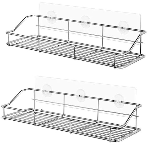 Adhesive Bathroom Shelf Organizer Shower Caddy Kitchen Storage Rack Wall Mounted No Drilling SUS304 Stainless Steel - 2 PACK