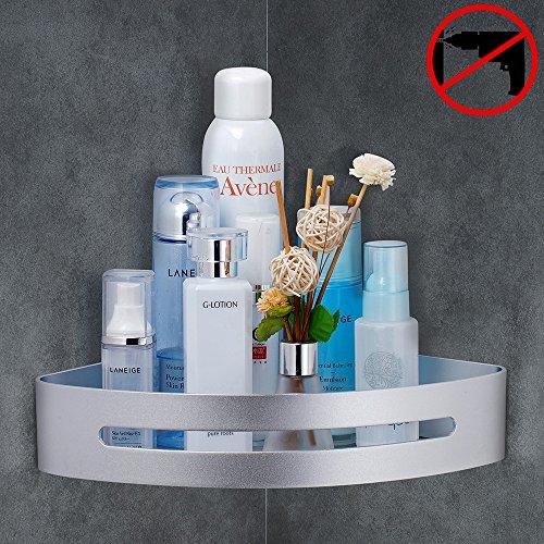 Hoomtaook Double Corner Shower Caddy Bathroom Shelf Wall Mount Rustproof Nail Free Glue+Double Sided Adhesive Aluminum with Two Hooks 2 Tiers(Silver)