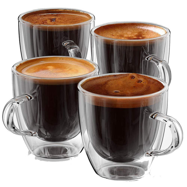 Stone & Mill Double Wall Insulated Glass Espresso Mugs, AM-04 Coffee Glasses with Handle Gift Box Set of 4, 5 Ounce