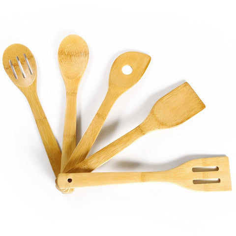 Cooking Utensils Lightweight Bamboo Spoon Spatula Sets, Set of 5 Bamboo Kitchen Tools By HTB