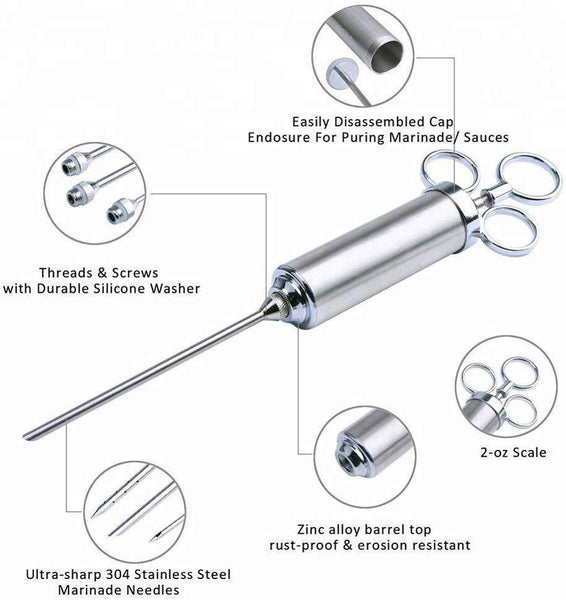 Meat Injector Kit, Professional Stainless Steel 2-oz BBQ GRILL BEAST Injector Syringe with 3 Marinade Flavor Needle.