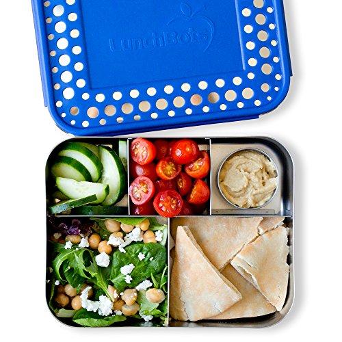 LunchBots Bento Cinco Large Stainless Steel Food Container - Five Section Design Holds a Well-Balanced Variety of Foods - Eco-Friendly Bento Lunch Box - Dishwasher Safe and BPA-Free - Blue Dots