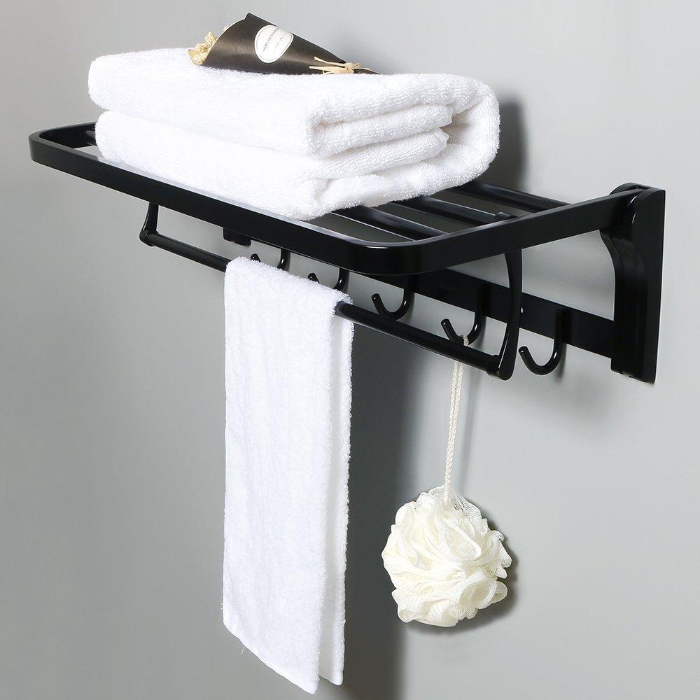 Alise Towel Rack Bathroom Folding Shelf with Swing Towel Bar and 5 Hooks Heavy Duty Wall Mount,SUS304 Stainless Steel Matte Black