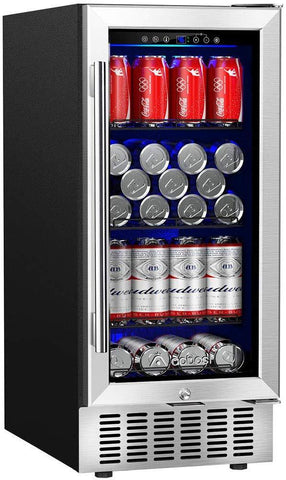 Aobosi 15 Inch Beverage Refrigerator, 94 Cans Built-in Beverage Cooler with Advanced Cooling System, Sensor Touch Control, Blue Interior Light, Quiet Operation - for Beer, Soda, Water or Wine