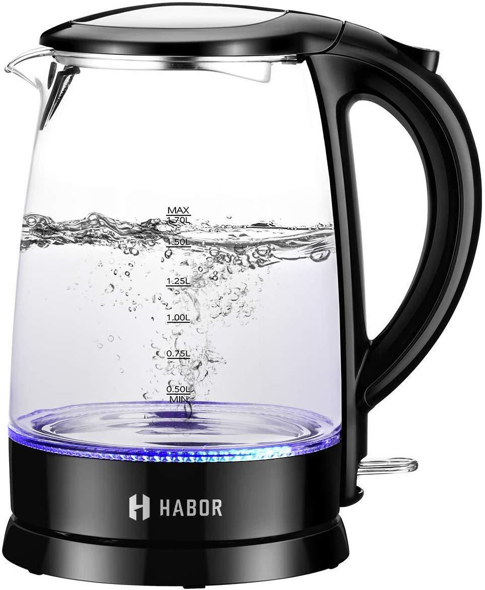 Habor Electric kettle, Water Boiler 1500W Fast Heating Tea Pot, 1.8 Quart (1.7 L) Blue LED Lights Bright Glass Body, Auto Shut-Off Boil-Dry Protection Stainless Steel Inner Lip