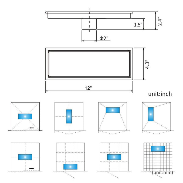 DESFAU Rectangle 12 Inch Linear Shower Drain with Tile Insert Grate  JD47030100BNUS#KL