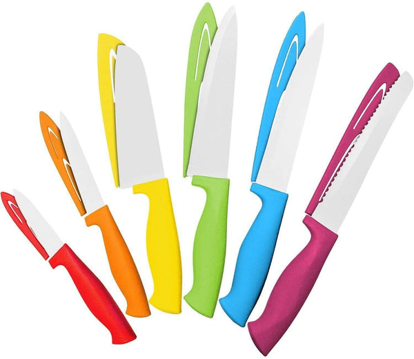12 Piece Steel Color Knife Set - 6 Steel Kitchen Knives with 6 Knife Sheath Covers - Chef Knife Sets with Bread, Slicer, Santoku, Utility and Paring Knives - Colored Knife Set by Cooler Kitchen
