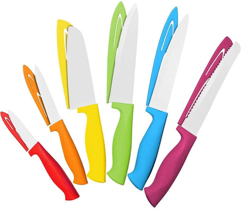 12 Piece Steel Color Knife Set - 6 Steel Kitchen Knives with 6 Knife Sheath Covers - Chef Knife Sets with Bread, Slicer, Santoku, Utility and Paring Knives - Colored Knife Set by Cooler Kitchen