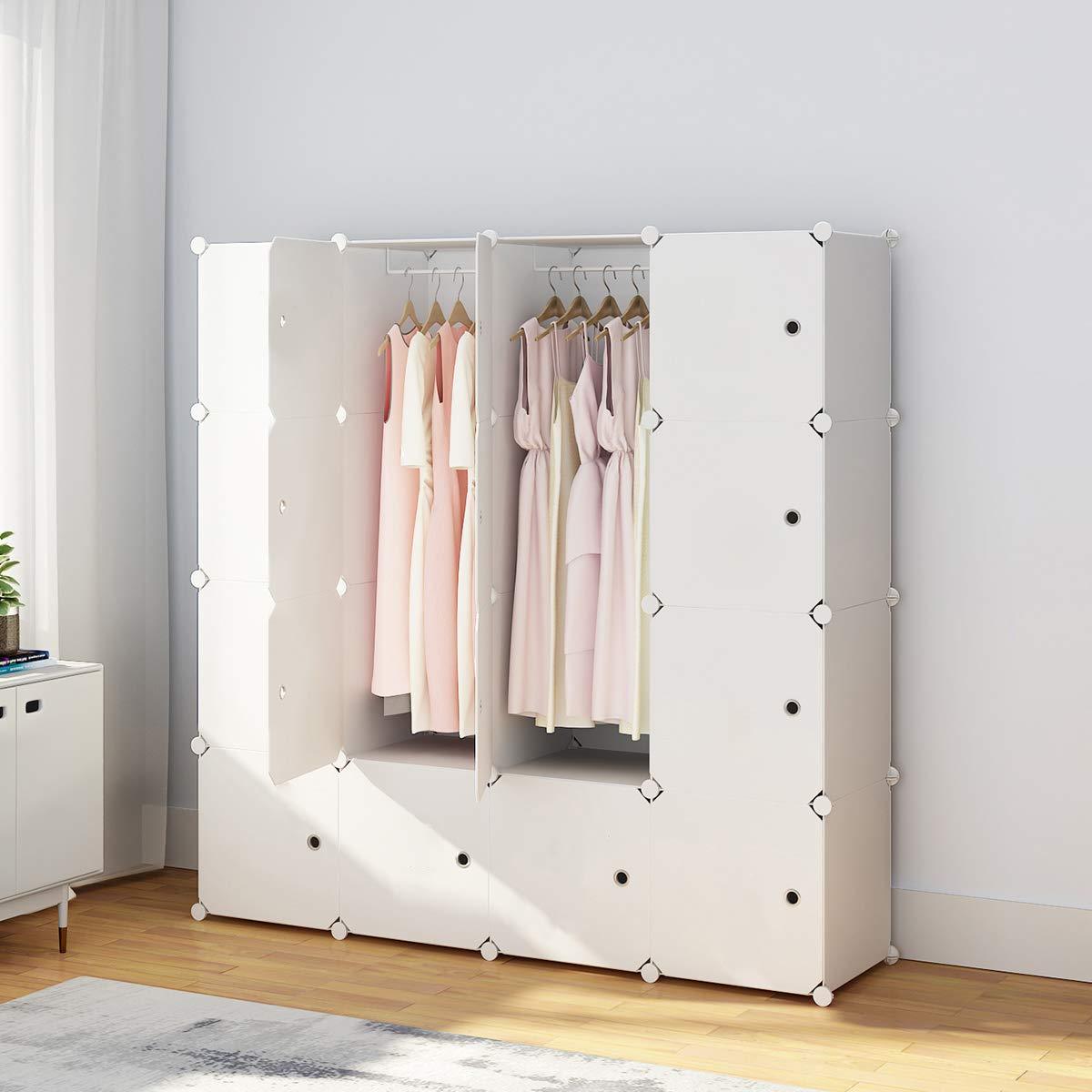 KOUSI Portable Wardrobe Closet for Bedroom Clothes Armoire Dresser Multi-Use Cube Storage Organizer, White, 8 Cubes & 4 Hanging Sections