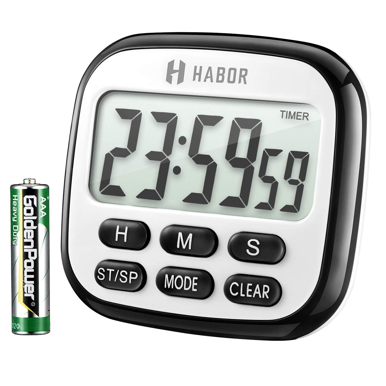 Habor Digital Kitchen Timer Large, Strong Magnet Back, Loud Alarm, Memory Function 12-Hour Display Clock, Count-Up & Count Down for Cooking Baking Sports Games Office