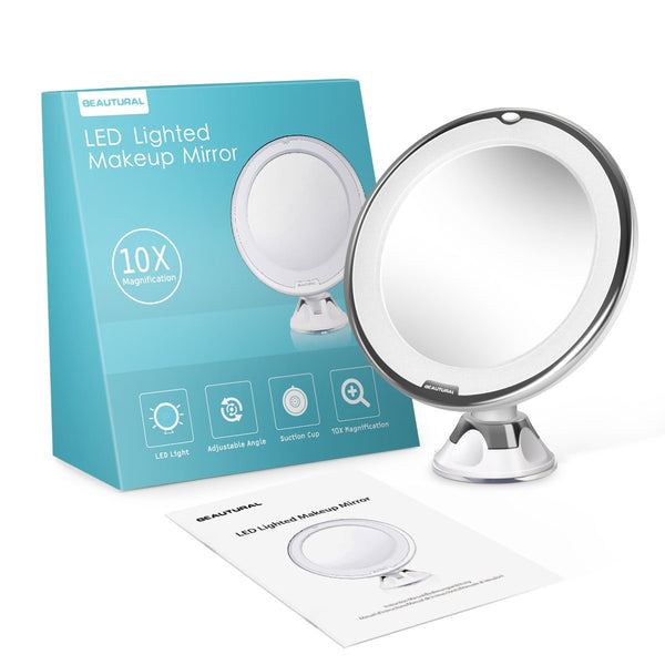 BEAUTURAL 10X Magnifying Lighted Vanity Makeup Mirror with Natural White LED, 360 Degree Swivel Rotation and Locking Suction