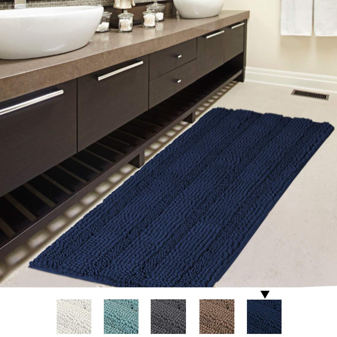 H.VERSAILTEX Bath Rug Runner 47" X 17" Large and Luxury Grey Striped Bath Mat Runner Ultra Soft Thick Non Slip Washable, Plush Shaggy Chenille Bathroom Rug Mat for Indoor Floor/Entry Way