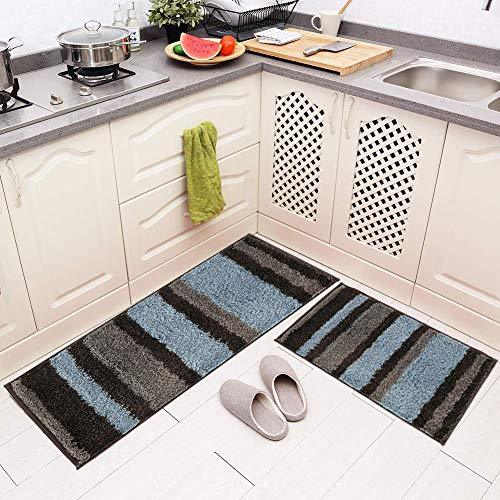 HEBE Non-Slip Bathroom Rug Mat Shag Microfiber Shower Bath Rug Absorbent Bath Mat for Bathroom Machine Washable(18x26, Blue/Grey)