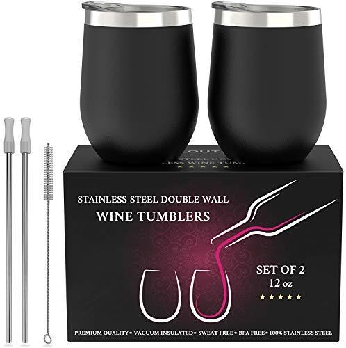 CHILLOUT LIFE Stainless Steel Stemless Wine Glass Tumbler 2 Pack Rose Gold 12 oz | Double Wall Vacuum Insulated Wine Tumbler with Lids and Straws Set of Two for Coffee, Wine, Cocktails, Ice Cream