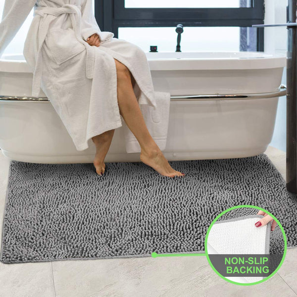 Secura Housewares Bathroom Rugs, Oversize 47" x 28" | Non Slip, Water Absorbent, Machine Washable Bath Mat Carpets | Ultra Soft, Fluffy, Thick Chenille Bath Mats for Doors, Bathroom, Kitchen | Gray