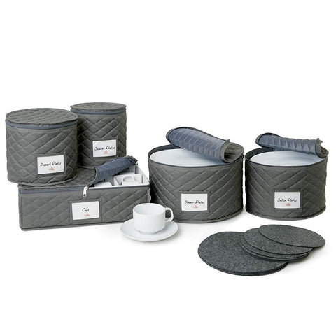 Quilted China Storage Containers - 5-Piece Dish and Cup Storage Set for Storing, Protecting or Transporting Your Cherished Dinnerware