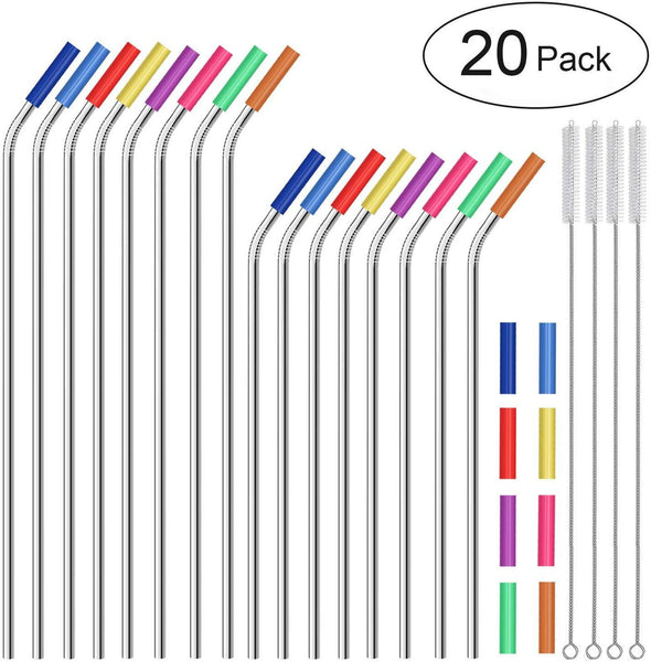 Stainless Steel Straws,Set of 16 FDA-Approved Reusable Drinking Straws for 30oz&20oz Tumbler, 10.5" 8.5" Metal Straws with 24 Soft Silicone Tips,4 Cleaning Brushes(8 Bent 8 Straight)