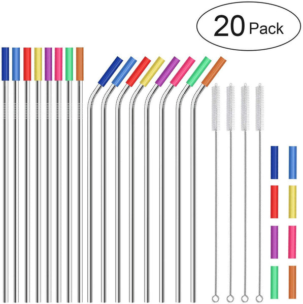 Stainless Steel Straws,Set of 16 FDA-Approved Reusable Drinking Straws for 30oz&20oz Tumbler, 10.5" 8.5" Metal Straws with 24 Soft Silicone Tips,4 Cleaning Brushes(8 Bent 8 Straight)