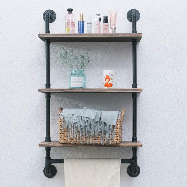 Bathroom Shelves Wall Mounted 3 Tiered,24in Industrial Pipe Shelving,Rustic Wood Shelf With Towel Bar,Black Farmhouse Towel Rack,Metal Floating Shelves Towel Holder,Iron Distressed Shelf Over Toilet