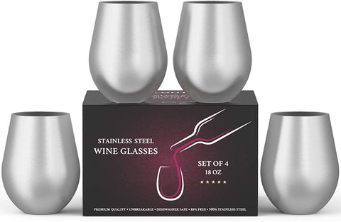 Stainless Steel Wine Stemless Glasses Set of 4, 18 oz | metal wine glasses 4 pack | Unbreakable, Dishwasher Safe, BPA Free, Great for Indoor & Outdoor Use | Steel Wine Cups - Perfect Gift