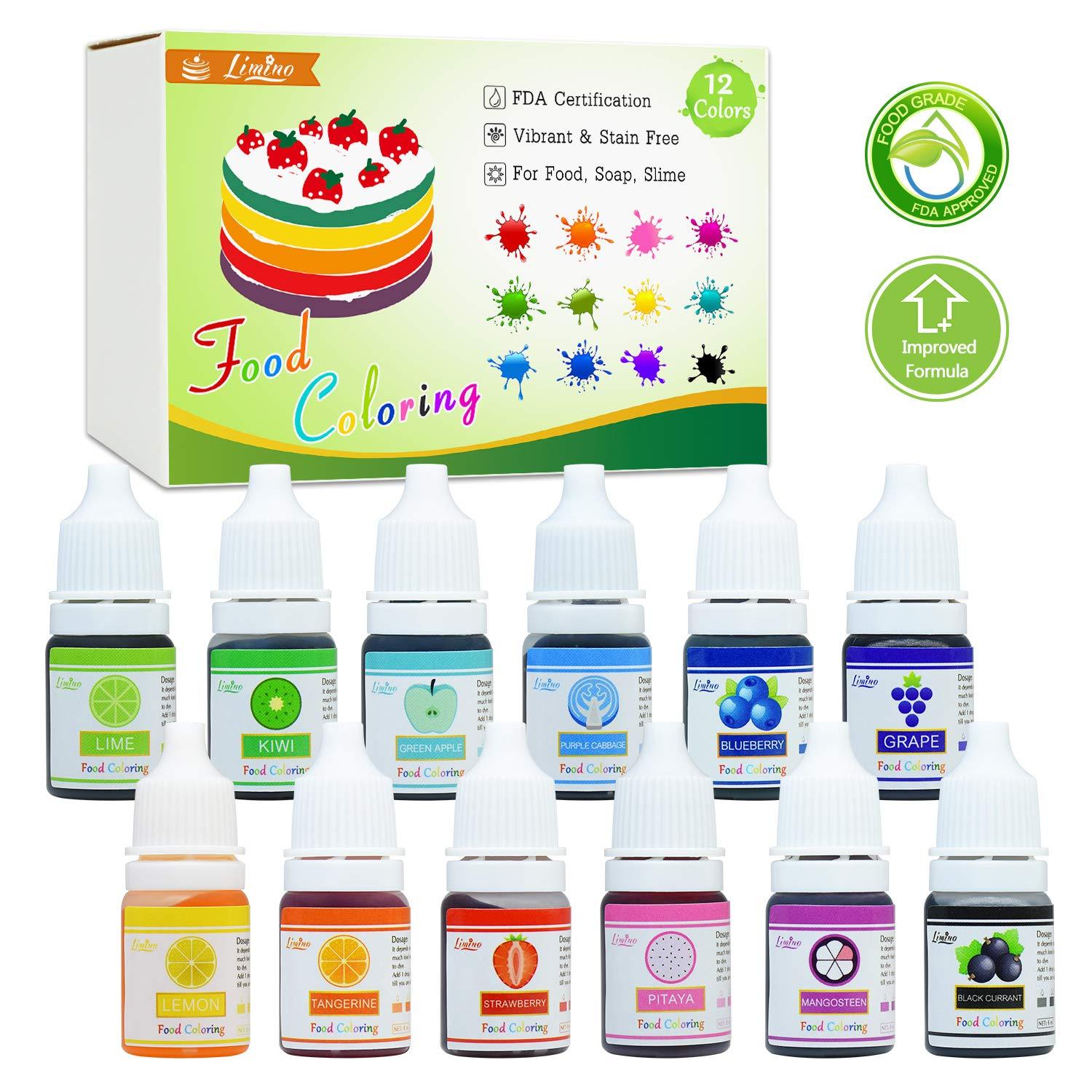 Food Coloring - 12 Color Bright Rainbow Cake Food Coloring Set for Baking, Decorating, Icing and Cooking - Assorted Variety Liquid Food Color Dye for Slime Making and DIY Crafts - .25 fl. oz. Bottles