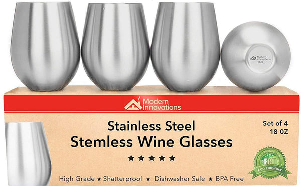 CHILLOUT LIFE Stainless Steel Stemless Wine Glasses, Set of 4, 18 Oz Made of Unbreakable BPA Free Shatterproof SS