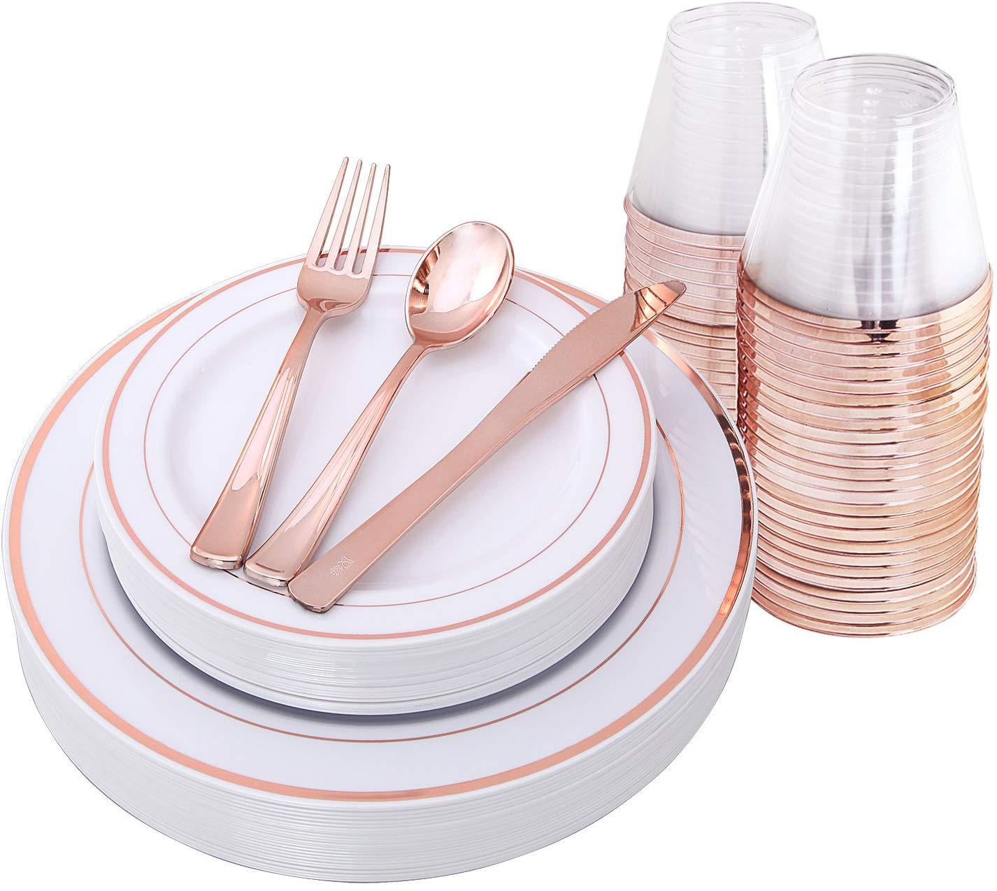 IOOOOO Gold Plates & Plastic Silverware & Gold Cups, Disposable Dinnerware 150 Pieces Includes: 25 Dinner Plates, 25 Dessert Plates, 25 Tumblers, 25 Forks, 25 Knives, 25 Spoons