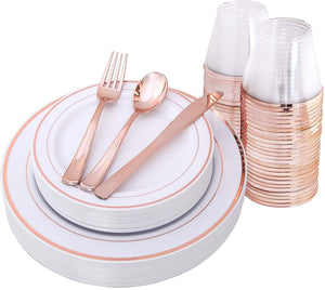 IOOOOO Gold Plates & Plastic Silverware & Gold Cups, Disposable Dinnerware 150 Pieces Includes: 25 Dinner Plates, 25 Dessert Plates, 25 Tumblers, 25 Forks, 25 Knives, 25 Spoons