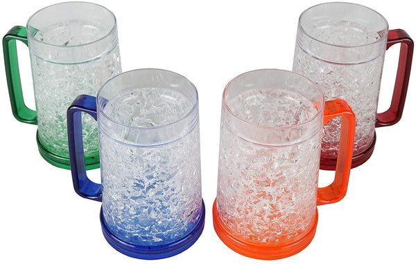 Lily's Home Double Wall Gel-Filled Acrylic Freezer Stein Mugs, Great as Old Fashion Drinking Glasses at BBQs and Parties, Clear with Assorted Color Accents (16 oz. Each, Set of 4)