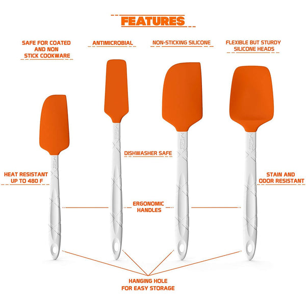 M KITCHEN WORLD Heat Resistant Silicone Spatulas Set | Rubber Spatula Kitchen Utensils Non-Stick for Cooking, Baking and Mixing | Ergonomic, Dishwasher Safe Bakeware Set of 4, Orange