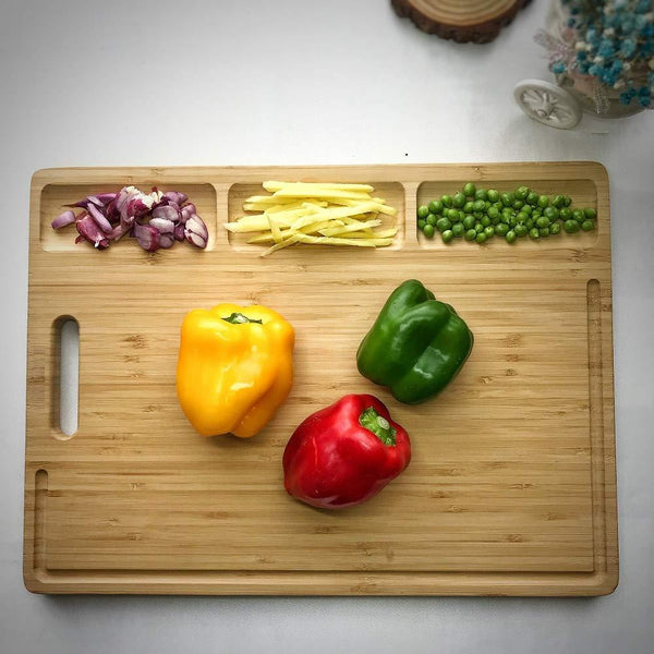 HHXRISE Large Organic Bamboo Cutting Board For Kitchen, With 3 Built-In Compartments And Juice Grooves, Heavy Duty Chopping Board For Meats Bread Fruits, Butcher Block, Carving Board, BPA Free