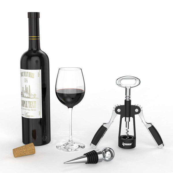 IPOW 2 in 1 Wing Corkscrew Wine Bottle Opener - Manual Wine Cork and Beer Cap Remover Kit for Professionals or Home Use