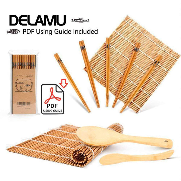 Sushi Making Kit, Bamboo Sushi Mat, Including 2 Sushi Rolling Mats, 5 Pairs of Chopsticks, 1 Paddle, 1 Spreader, 1 Beginner Guide PDF, Roll On, Beginner Sushi Kit