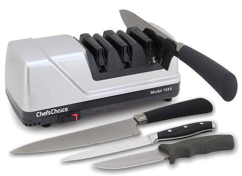 Chef’sChoice 15 Trizor XV EdgeSelect Professional Electric Knife Sharpener for Straight and Serrated Knives Diamond Abrasives Patented Sharpening System Made in USA, 3-Stage, Gray