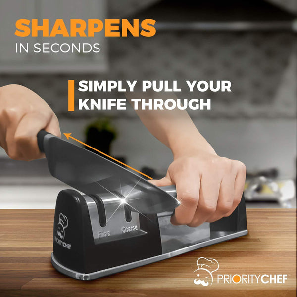 PriorityChef Knife Sharpener for Straight and Serrated Knives, 2-Stage Diamond Coated Wheel System, Sharpens Dull Knives Quickly, Safe and Easy to Use
