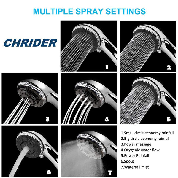Chrider Handheld Shower Head with Hose, 7 Spray Settings Hand Held Shower Head, 3.2" High Pressure Showerhead, 60" Extra-long Stainless Steel Hose, Adjustable Mount, Chrome Handle Finish