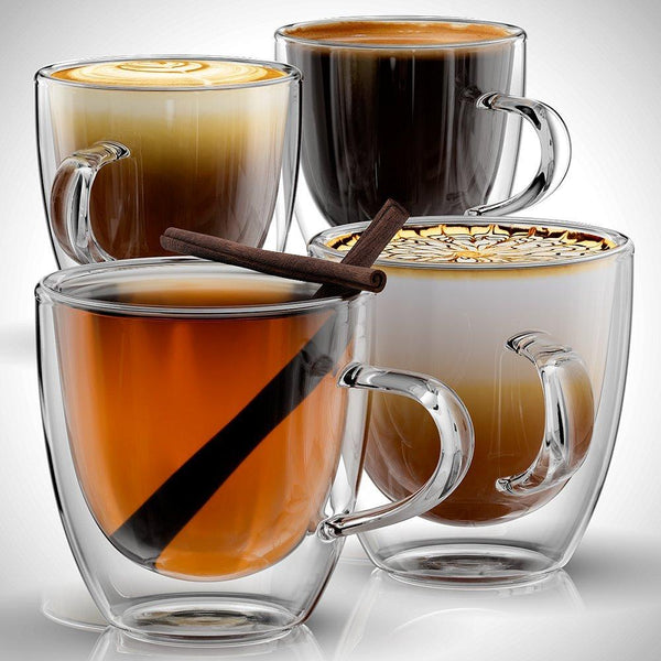 Stone & Mill Double Wall Insulated Glass Espresso Mugs, AM-04 Coffee Glasses with Handle Gift Box Set of 4, 5 Ounce